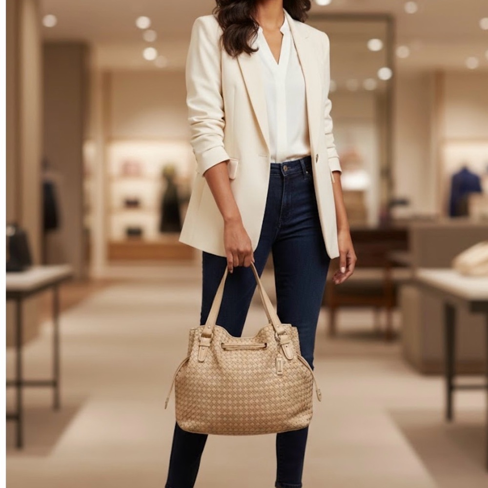 Cole Haan Tan Leather Shoulder Bag -Taylor Drawstring Woodbury Heritage Weave - Picture 16 of 16